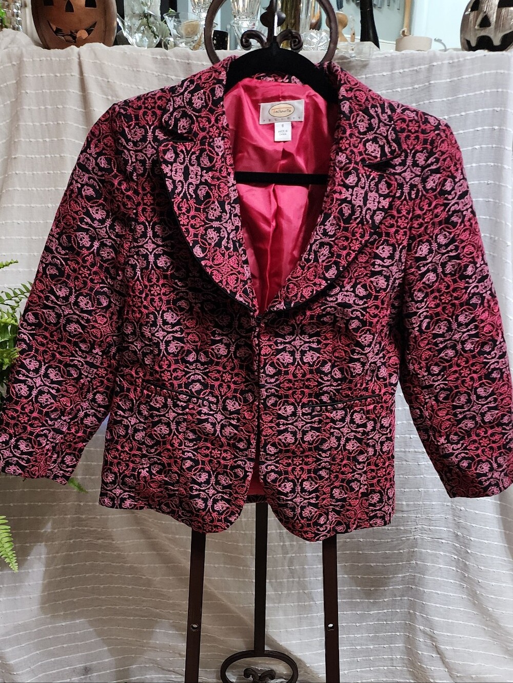 Talbots‎ Petites 8P Embroidered Blazer Jacket Black Pink Damask Cotton Suit 8